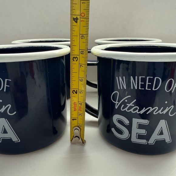 Navy Blue Enamel Mugs Set - "In Need of Vitamin Sea" - Picture 4 of 8